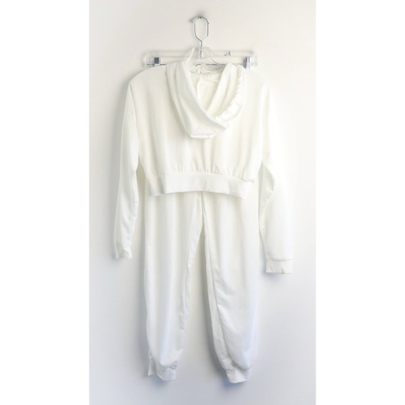NWT White Two Piece Coord Set Long Sleeve cropped hoodie joggers sweat pants M - Picture 4 of 11